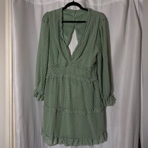 Vintage-Inspired Sage Green Ruffle Puff Long-Sleeve Open Back Dress Bridal Sz XL